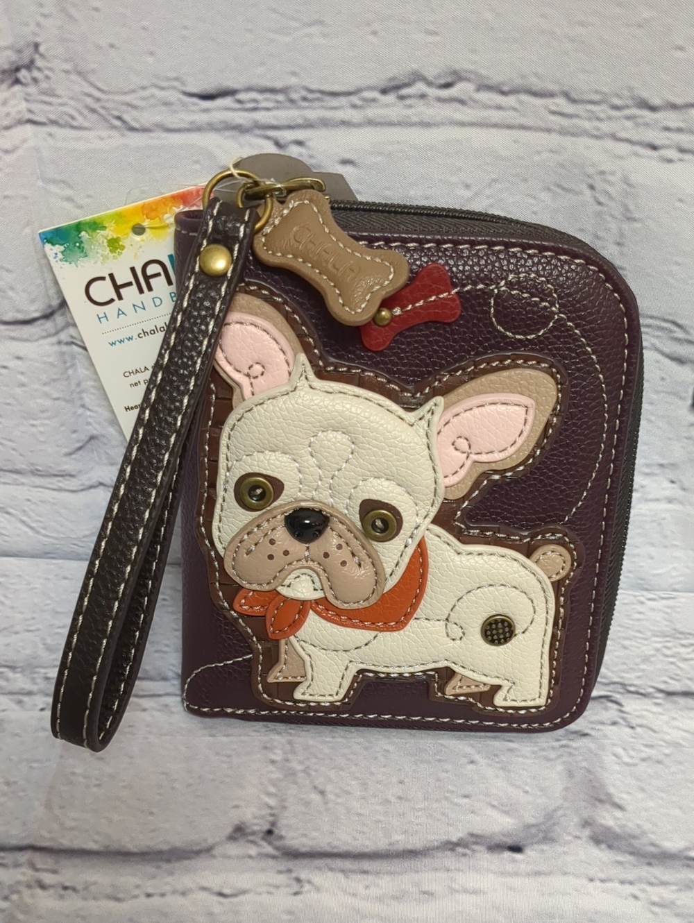 Chala Plum French Bulldog Wristlet Wallet with Bone Charm